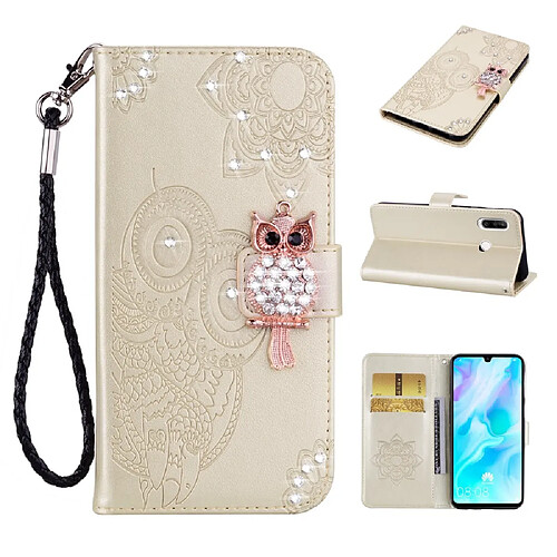 Etui en PU décor de strass imprimé hibou or pour votre Huawei Y6p