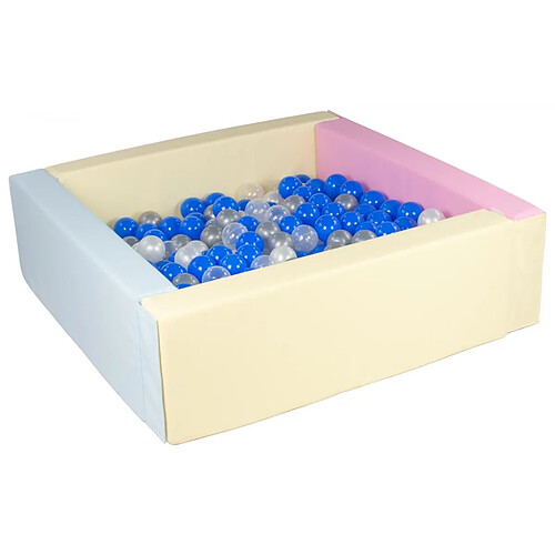 Velinda Piscine à balles carrée avec 200 balles -rose, bleu, jaune (pastel)/perle, transparent, bleu, argent