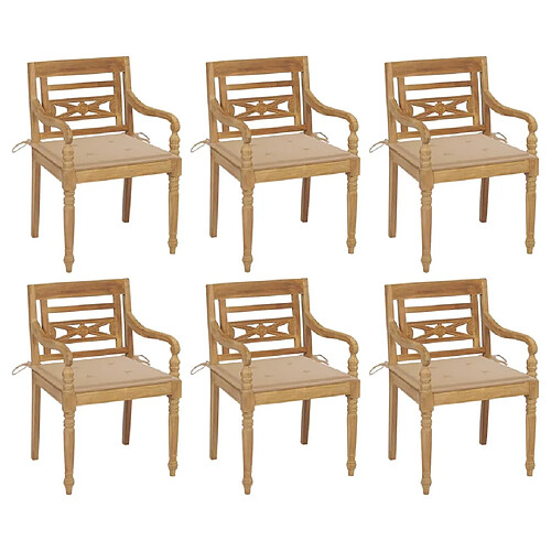 vidaXL Chaises Batavia avec coussins lot de 6 Bois de teck solide