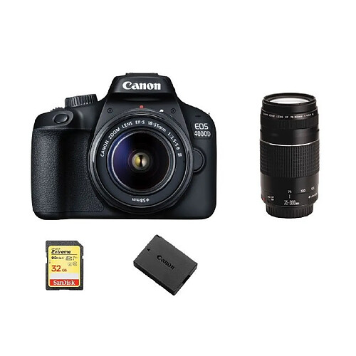 CANON EOS 4000D KIT EF-S 18-55MM F3.5-5.6 III + EF 75-300MM F4-5.6 III + 32GB SD card + LP-E10 Battery