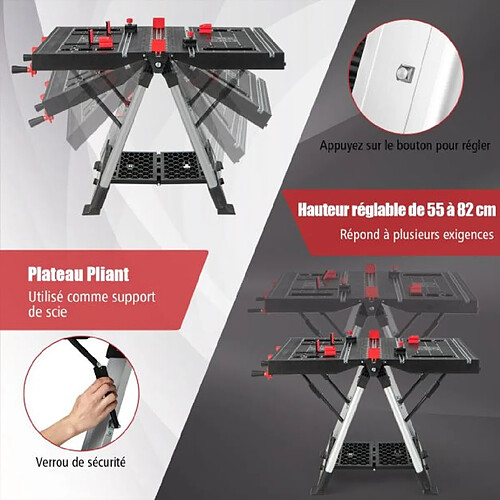 Helloshop26 Établi pliable avec plate-forme 2 en 1 et 2 hauteurs réglables support de scie garage cadre en alu avec système de serrage et pinces charge 200 kg noir + rouge 20_0005346