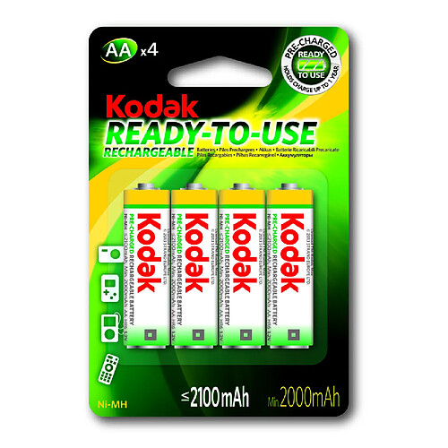 KODAK - Piles rechargeables - Ni-MH - AA / LR06 - 2100 mAh - pack de 4 - Multicolore