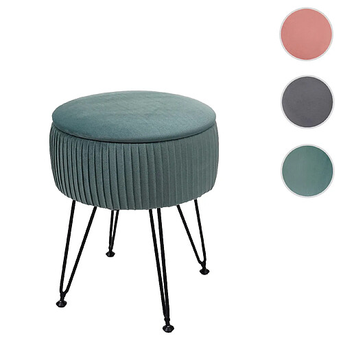 Mendler Pouf HWC-K47, tabouret avec compartiment de rangement, Ø 33cm, aspect velours ~ vert, piètement noir