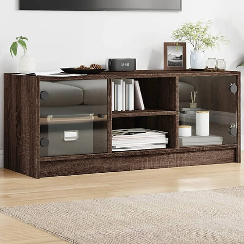 vidaXL Meuble TV avec portes en verre chêne marron 102x37x42 cm