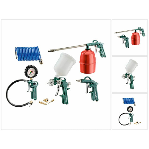 Metabo LPZ 7 Set d'outils à air comprimé soufflette (601586000) + Jauge de gonflage des pneus + Pistolet à peinture + Pistolet vaporisateur + Tuyau spiralé