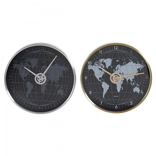 Look & Feel Horloge Murale DKD Home Decor Noir Aluminium Verre Doré Argenté Mappemonde (2 pcs) (30 x 4.3 x 30 cm)