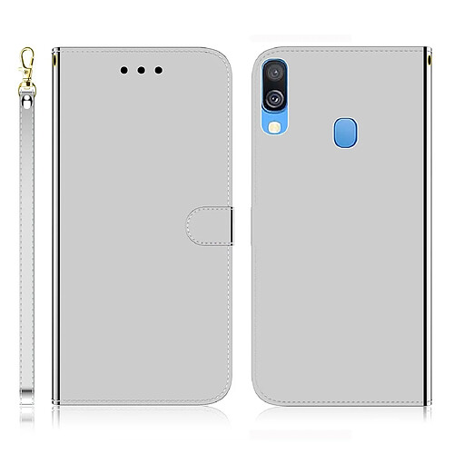 Wewoo Housse Coque Etui à rabat horizontal en surface imitation miroir pour Galaxy A40 avec fentes cartes et porte-cartes ainsi que portefeuille et lanière argent