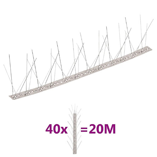 vidaXL Ensemble de 40 pointes à 5 rangées contre oiseaux Inox 20 m