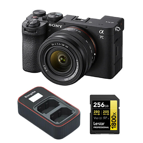 Sony A7C II Kit (28-60mm) Noir Boîtier+Lexar 256GB Professional 1800x UHS-II SDXC Memory Card +Kingma Sony NP-FZ100 LCD Dual USB charger