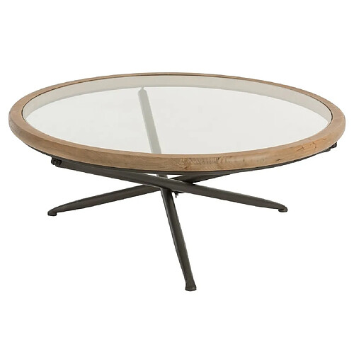 Inside 75 Table basse ronde SHON pieds métal noir plateau verre bord bois naturel