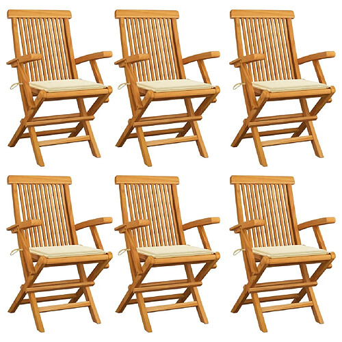 vidaXL Chaises de jardin avec coussins crème lot de 6 Bois teck massif