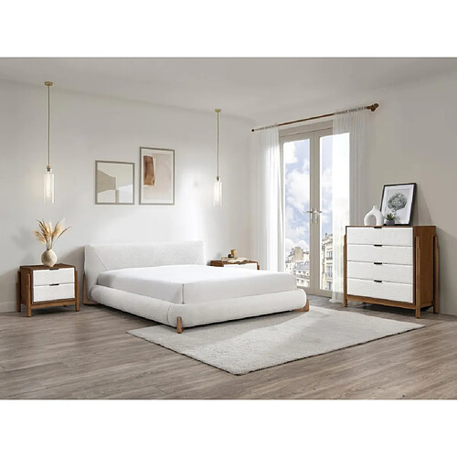 Vente-Unique Lit 160 x 200 cm - Tissu bouclette - Blanc et naturel + Matelas - GAMURA