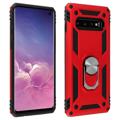 Avizar Coque Galaxy S10 Bi matière Rigide et Souple Bague Support Vidéo rouge