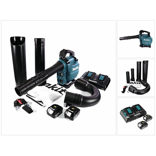 Makita DUB 363 PT2V Aspirateur Souffleur sans fil 36 V ( 2x 18 V ) Brushless + 2x Batterie 5,0 Ah + 1x Double chargeur + Kit d'aspiration