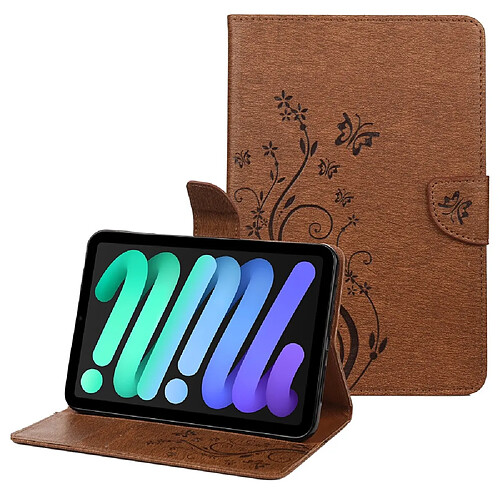 Etui en PU motif de papillons et de fleurs avec support marron pour votre iPad mini (2021)