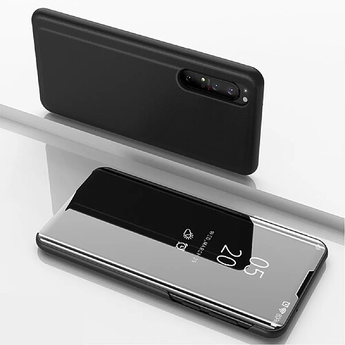 Coque en TPU + PU voir la surface du miroir de la fenêtre avec support noir pour votre Sony Xperia 1 II