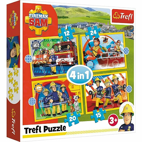 Trefl- Hilfreicher Feuerwehrmann, Fireman Sam Von 12 BIS 24 Teilen, 4 Sets, für Kinder AB 3 Jahren Puzzle, 34373, Multicolore