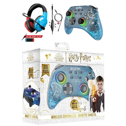 Freaks And Geeks Casque SWITCH PRO-H3 BLEU BLANC + Manette SWITCH SANS FIL RGB Bluetooth Translucide Patronus Nintendo SWITCH HARRY POTTER