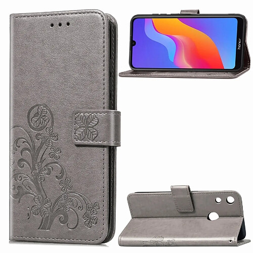 Wewoo Housse Coque Étui en cuir à motif de fleurs pressées Lucky Clover pour HuHonor 8A, avec support et emplacements pour cartes, ainsi que portefeuille dragonne (Gris)