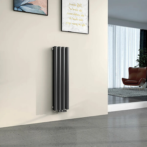 EMKE Radiateur à Eau Chaude, Radiateur Ovale Connexion Centrale, Montage Mural Vertical Design, Anthracite 90x24cm 373W Double Couche