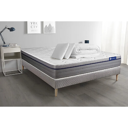 ACTISOM Pack prêt à dormir matelas Latex + Mémoire de forme ACTILATEX ZEN 140x200 cm + sommier KIT gris + 2 oreillers + couette