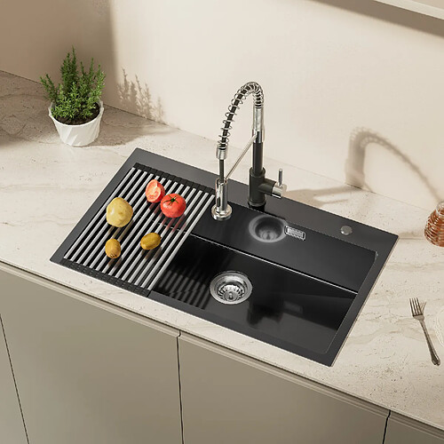 Auralum MAX Évier de Cuisine 1 Bac,Evier Cuisine 75 x 45 cm,Évier Inox Noir avec Égouttoir Pliable,Lavabo Cuisine Montage Encastré ou Supérieur