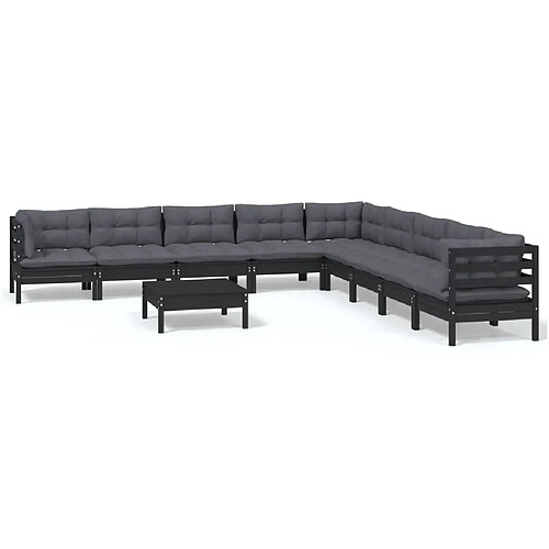 Maison Chic Salon de jardin 10 pcs + coussins - Mobilier/Meubles de jardin - Table et chaises d'extérieur Noir Bois de pin solide -MN47200