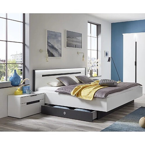 Pegane Lit adulte double 180x200 cm King Size + 2 chevets coloris blanc/graphite - Longueur 189 x Hauteur 96 x Profondeur 210 cm