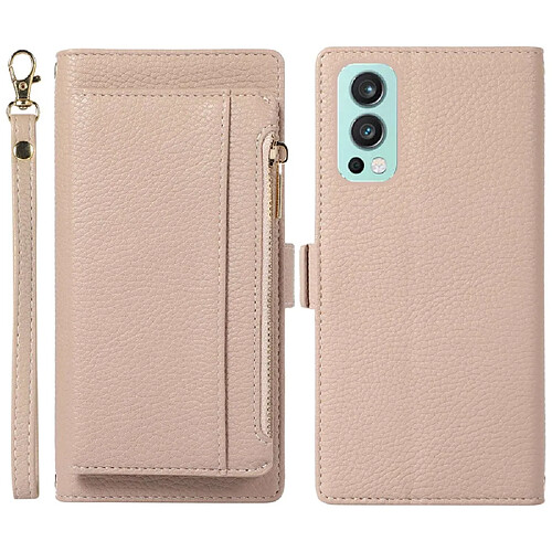 Etui en PU texture litchi, antichoc, magnétique avec support, pochette à fermeture éclair et sangle pour votre OnePlus Nord 2 5G - abricot