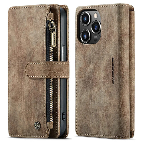 Caseme Etui en PU + TPU poche zippée avec support, antichoc marron pour votre Apple iPhone 13 Pro 6.1 pouces