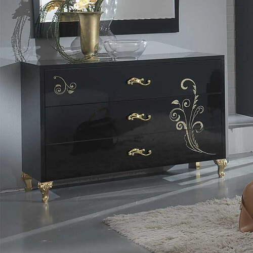 Dansmamaison Commode 3 tiroirs Laque Noir Brillant / Or - SEBORGA