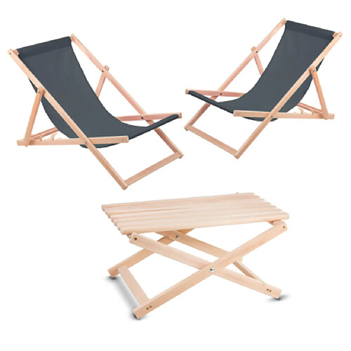 Ensemble de jardin WOOD OK 2 chaises longues grises + table en bois de hêtre de haute qualité