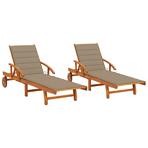 Helloshop26 Lot de 2 transats chaise longue bain de soleil lit de jardin terrasse meuble d'extérieur avec coussins bois d'acacia solide 02_0012052