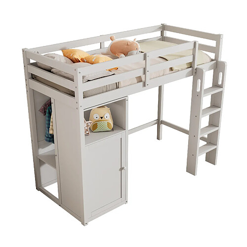 ComfortXL Lit mezzanine enfant avec armoire et étagères, sommier à lattes et protection, 90x200 cm, blanc