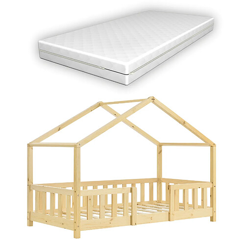 Lit d'enfant Treviolo Forme Maison avec Matelas Orthopédique 140 x 70 cm Bois Naturel [en.casa]