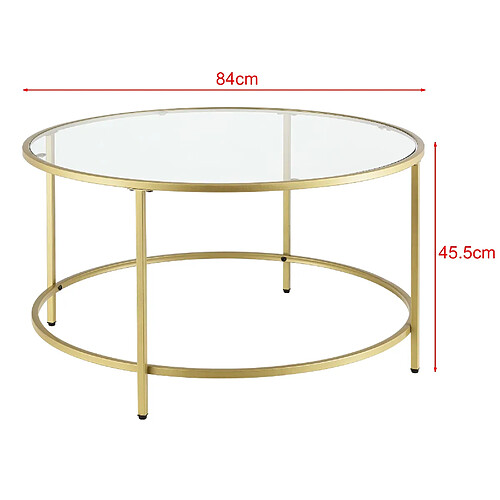 Helloshop26 Table basse ronde pour salon plateau en verre pieds en acier 84 cm doré 03_0006179