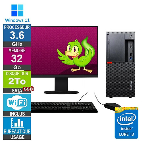 Lenovo M920t i3-8100 3.60GHz 32Go/2To SSD Wifi W11 + Ecran 20 · Reconditionné