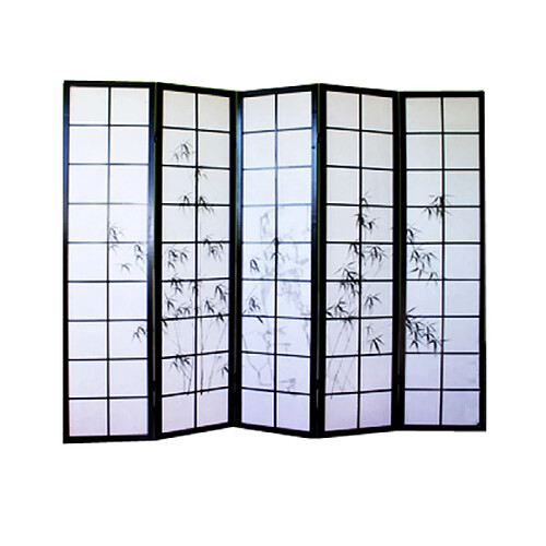 Pegane Paravent japonais en bois noir dessin bambou de 5 pans