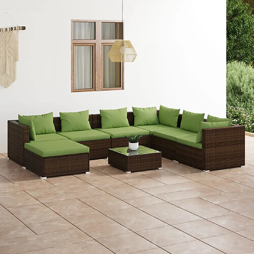 vidaXL Salon de jardin 8 pcs avec coussins résine tressée marron