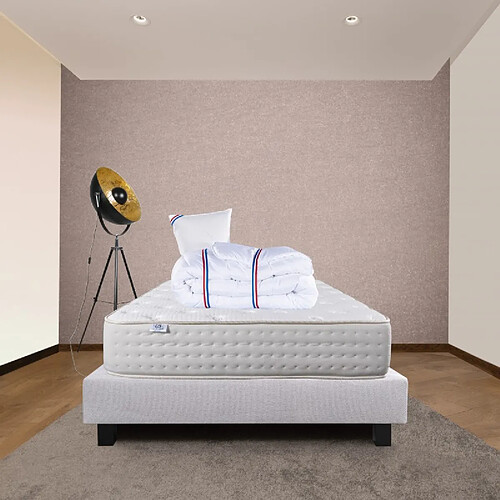 LUXURY LITERIE Ensemble Matelas Purlux, 26 cm, mousses haute densité, ferme, face été/hiver + sommier gris ep20cm + oreiller + couette, 90x190cm