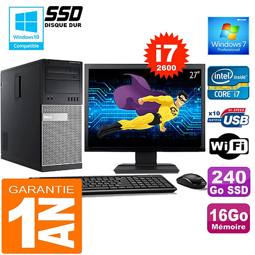 PC Tour DELL 7010 Core I7-2600 Ram 16Go Disque 240 Go SSD Wifi W7 Ecran 27" · Occasion