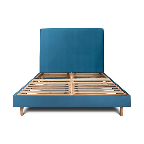 Sommeil de plomb Lit 135x190cm avec tête de lit tapissier velours et sommier kit Bleu - Hauteur totale : 29cm