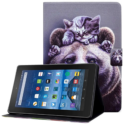 Etui en PU avec support et porte-carte pour votre Amazon Fire HD 8 (2016)/(2017)/(2018) - Chat et ours