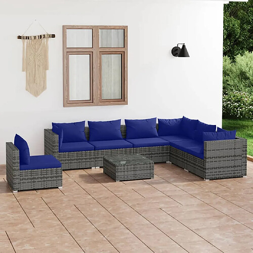 vidaXL Salon de jardin 8 pcs avec coussins résine tressée gris