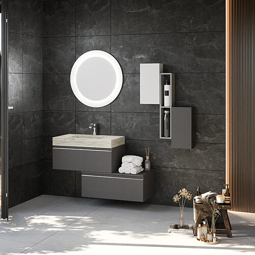 Kiamami Valentina MEUBLE DE SALLE DE BAIN MURAL DE 120 CM AVEC TIROIRS GRIS FONCÉ ET LAVABO HPL | DIAMANTE