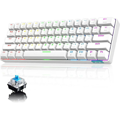 Chrono RGB Clavier mécanique, clavier Bluetooth filaire / sans fil RK61 61 touches Clavier de jeu étanche rétroéclairé par LED Anti-ghosting pour les joueurs et les dactylos(blanc)