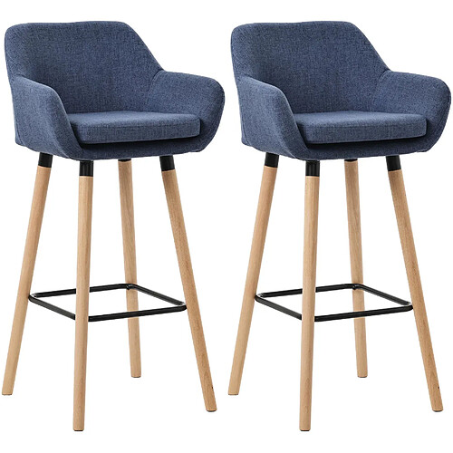 Decoshop26 Lot de 2 tabourets de bar lounge design scandinave assise en tissu bleu foncé pieds en bois repose-pieds en métal 10_0004175