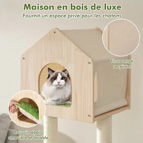 Helloshop26 Arbre à chat 139 cm en bois poteau griffoir condo panier lit pour chat 2 plate-forme tour de jeux pour chat vert 20_0007645