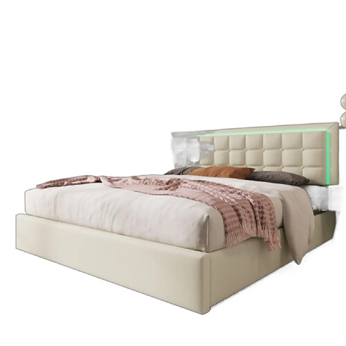 ComfortXL Lit double avec LED et rangement, cuir PU, 160x200 cm, blanc