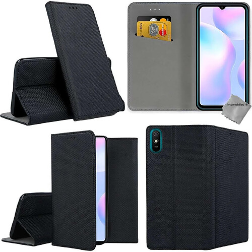 Htdmobiles Housse etui portefeuille avec coque intérieure en silicone pour Xiaomi Redmi 9A + verre trempe - NOIR MAGNET